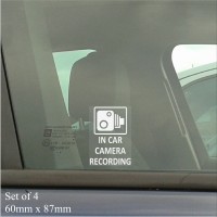  4 x 60x87mm In Car Camera Recording Window Stickers-CCTV Sign-Van,Lorry,Truck,Taxi,Bus,Mini Cab,Minicab.White onto Clear Adhesive Vinyl Signs